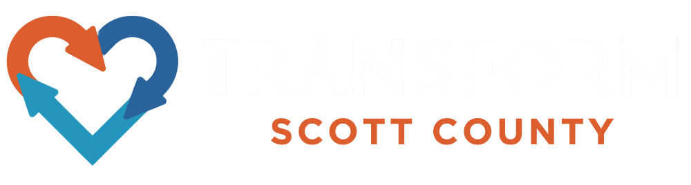 Logo of Scott County with a heart-shaped graphic of arrows in shades of orange and blue. 