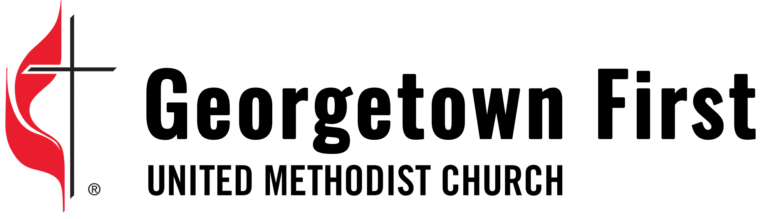 Georgetown First United Methodist Church logo with a cross and flame symbol in red on white background.