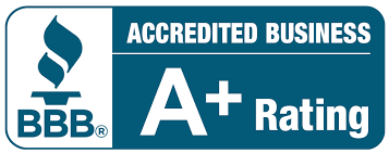 A blue sign that says accredited business a + rating