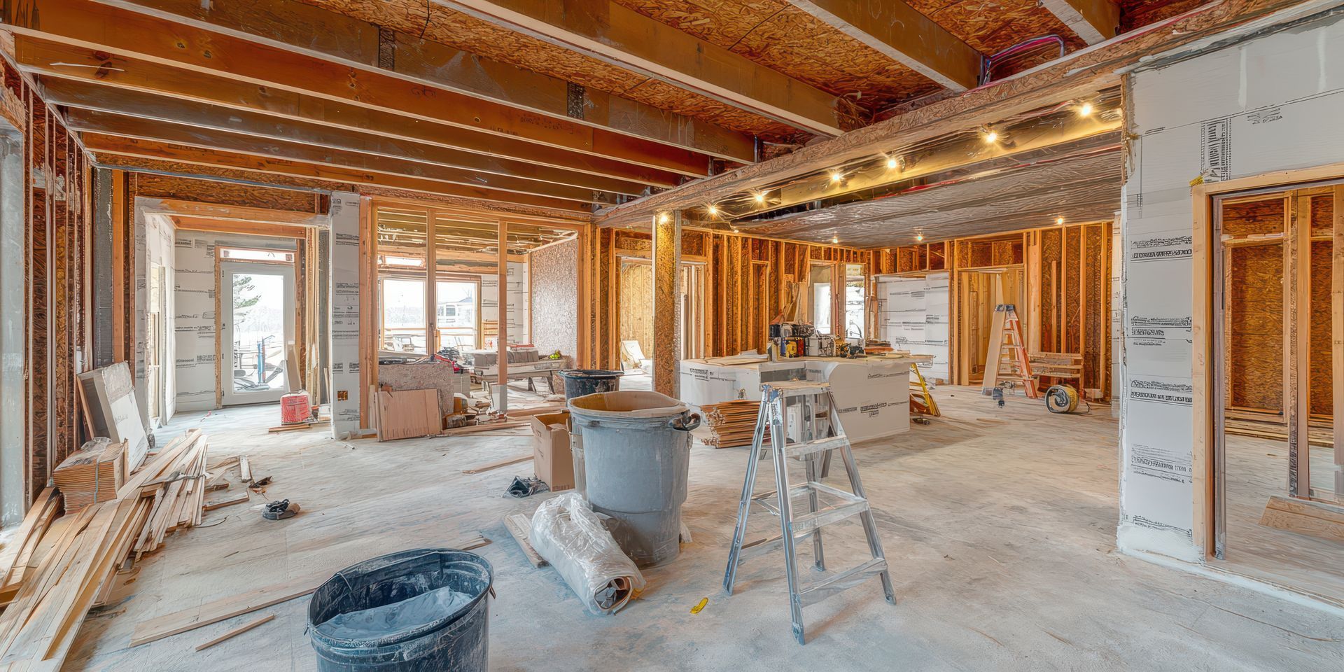 A large room under construction with a ladder and buckets.