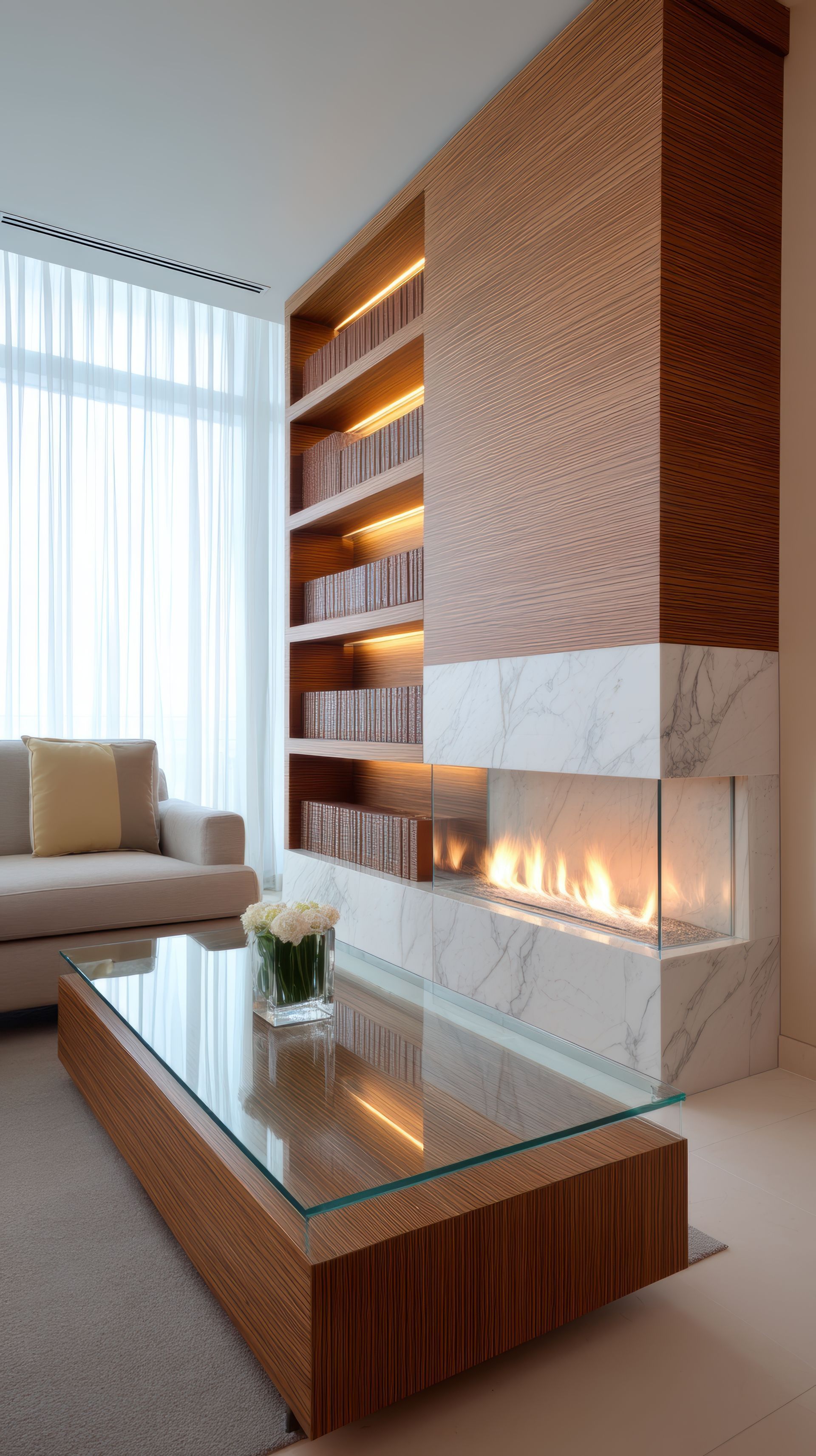 A living room with a fireplace and a glass coffee table