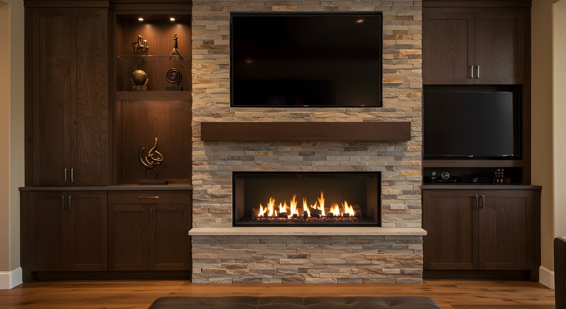 A living room with a fireplace and a flat screen tv.