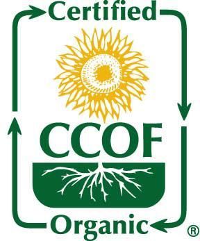 A certified ccof organic logo with a sunflower and roots