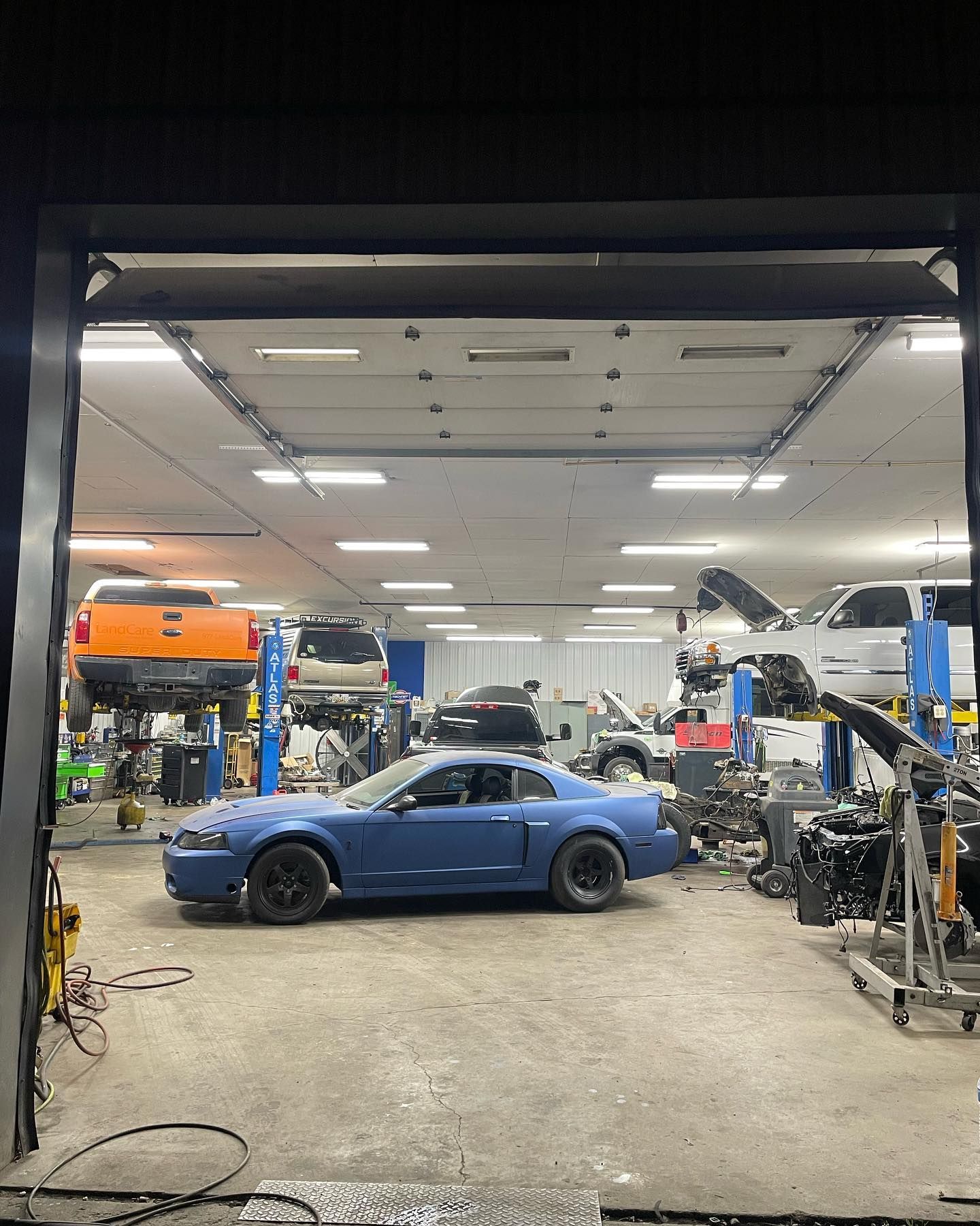 Blue Mustang in auto repair shop; multiple vehicles on lifts | XLR8 Diesel Trucks