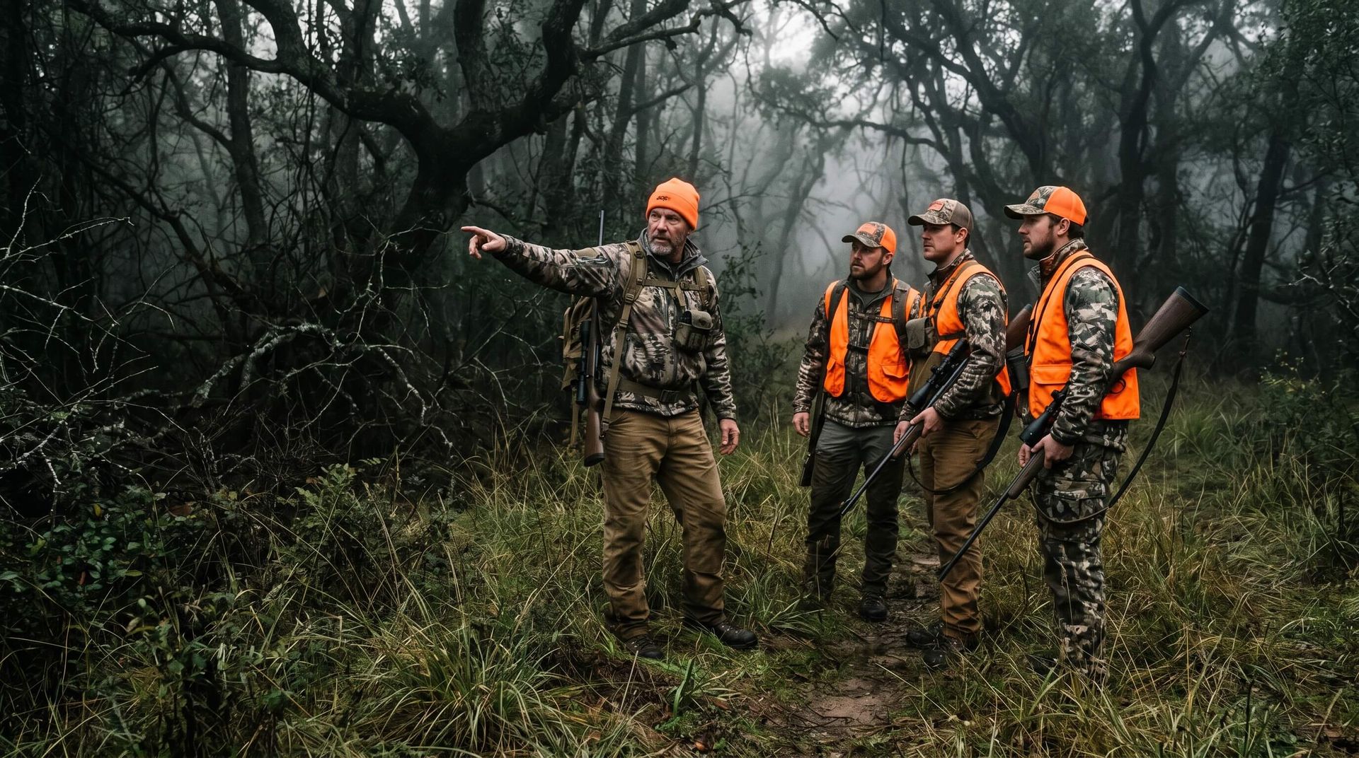 Expert guide instructing a group of men on a hog hunt