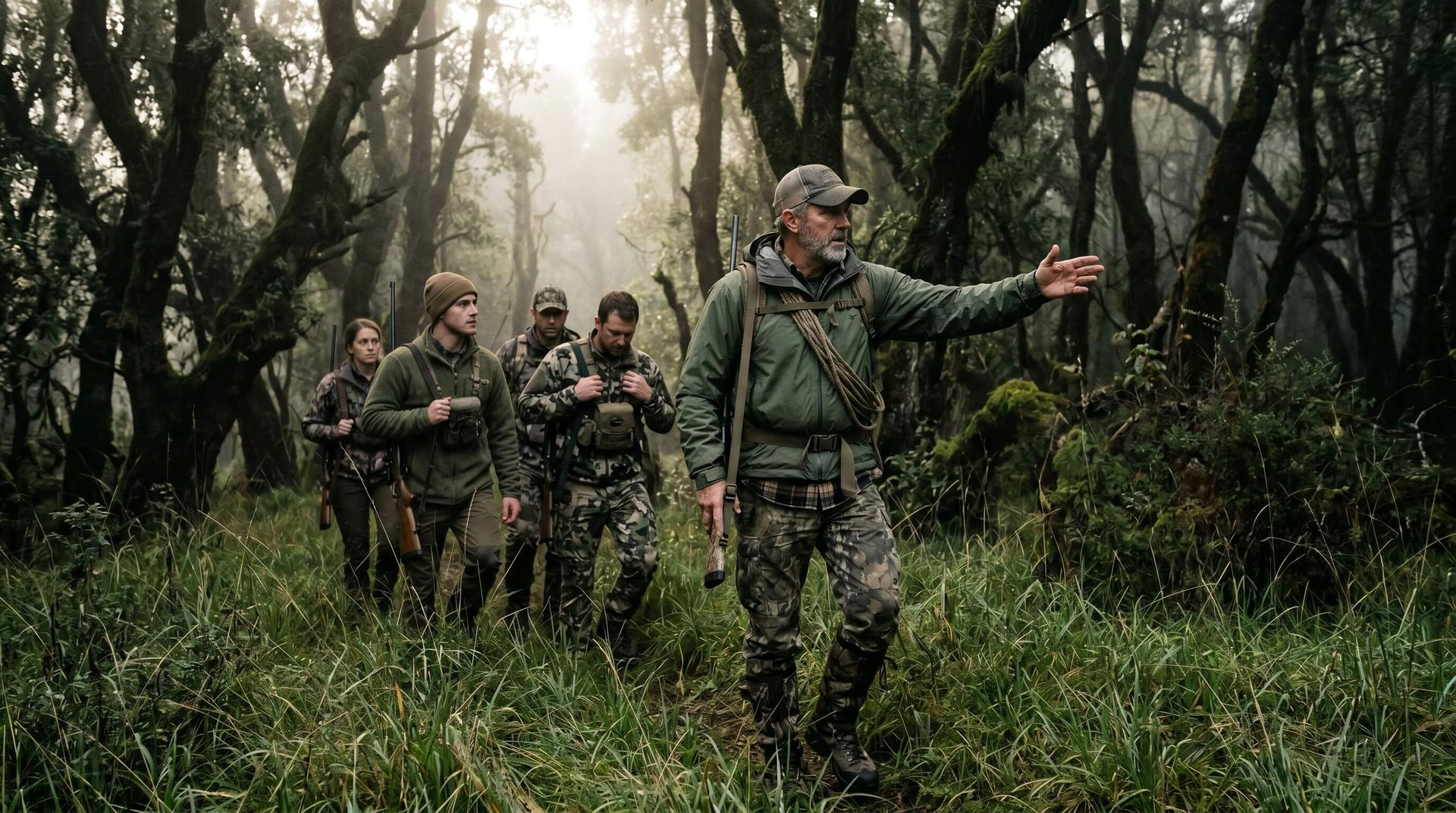 Expert guide waving to the side of a trail as 4 hunters he's guiding pay attention