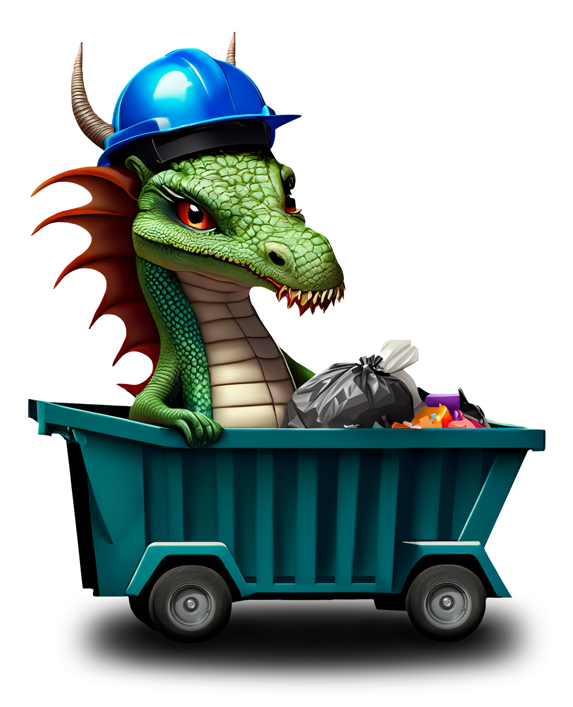 Green dragon in a blue hardhat in a dumpster filled with trash.