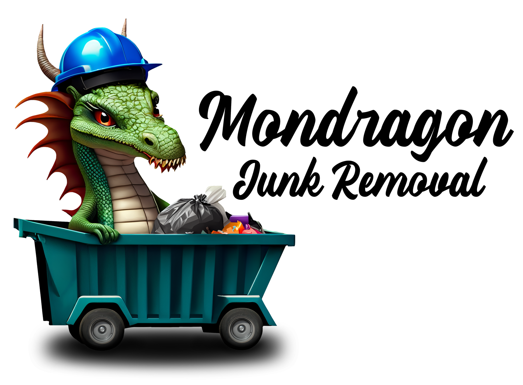 A dragon in a hard hat sits in a teal dumpster filled with trash; 