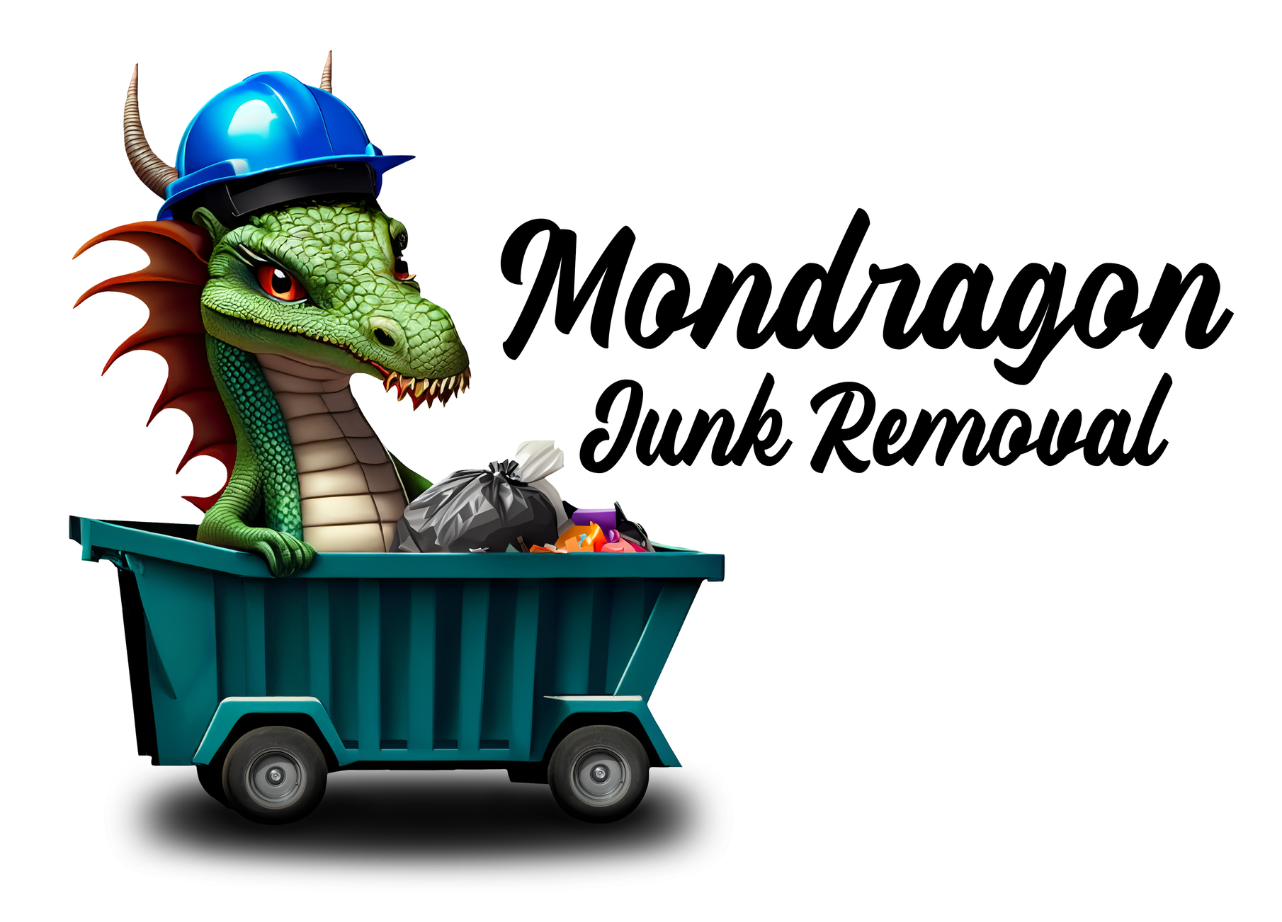 Green dragon in a blue hard hat, in a teal dumpster, with the text 