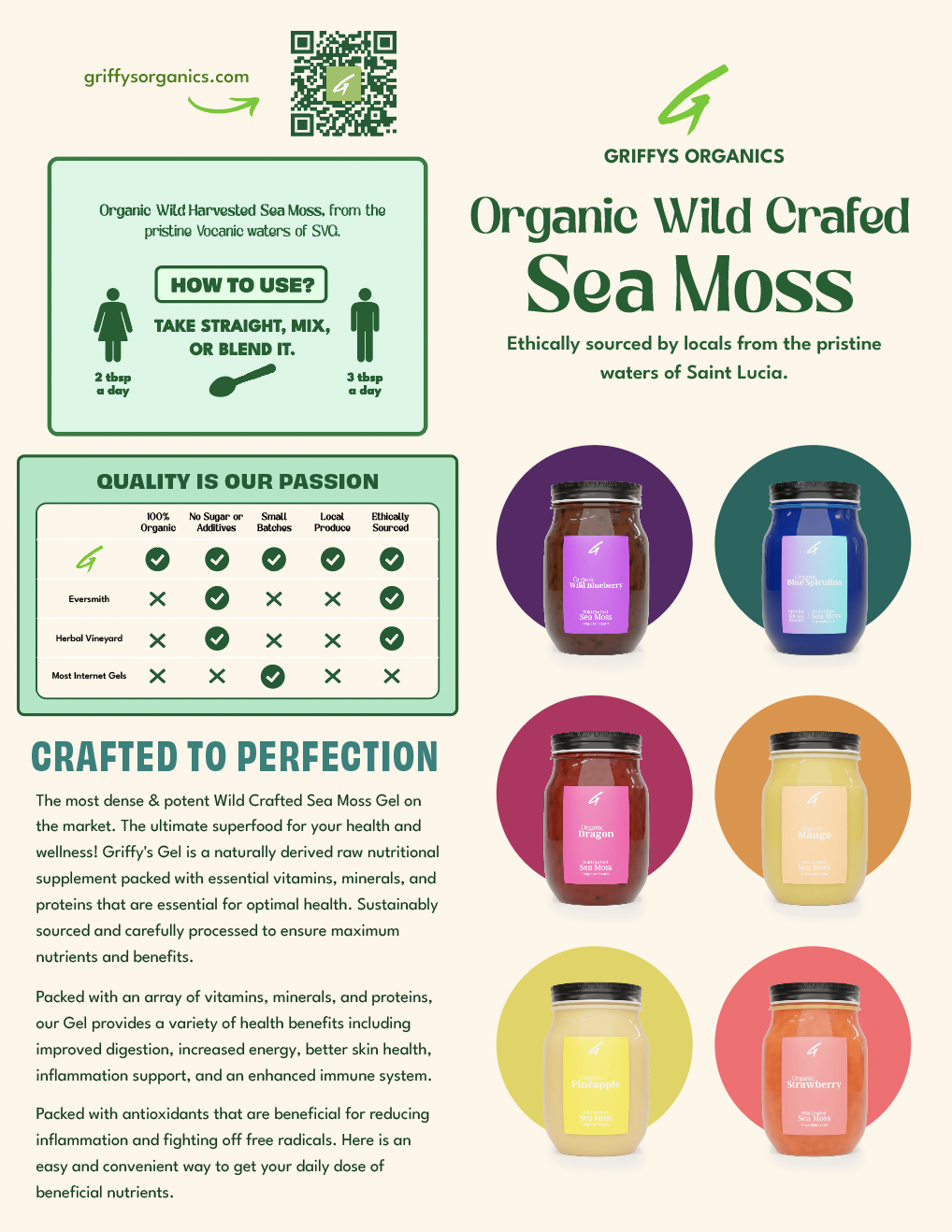 Sea Moss jars in various colors; green background with text, quality icons, & QR code.