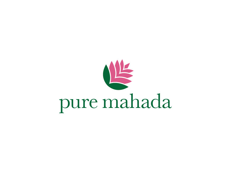 a logo for pure mahada with a pink flower and green leaf