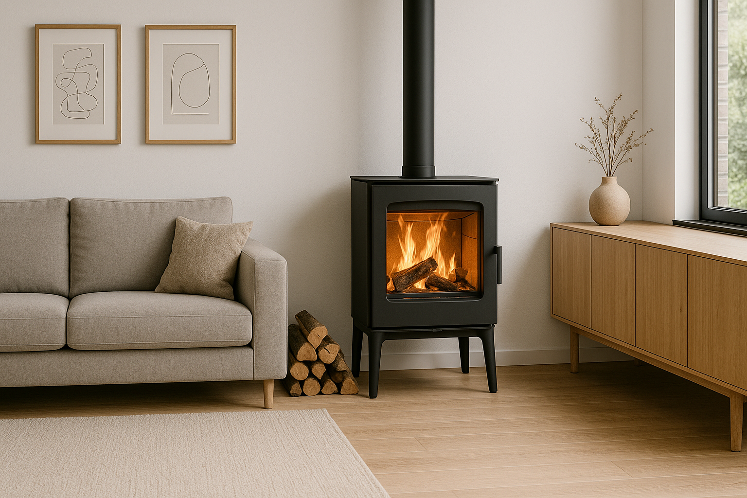 A living room with a couch and a wood stove.