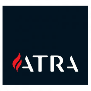 Un logotipo para una empresa llamada Atra con una llama roja.