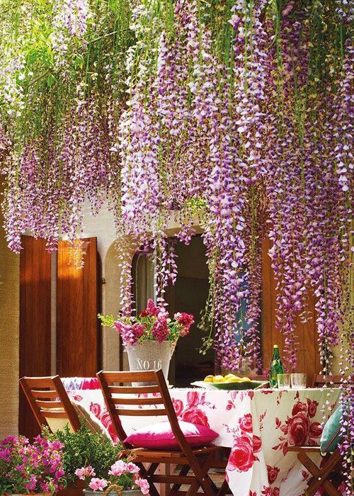 Una mesa y sillas con flores moradas colgando del techo.