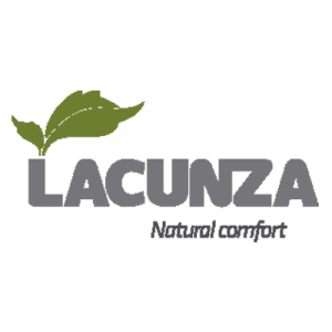 Un logotipo para Lacunza Natural Comfort con una hoja verde.