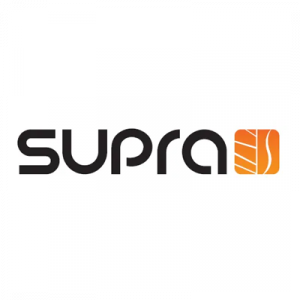 Un logotipo de Supra negro y naranja sobre un fondo blanco.