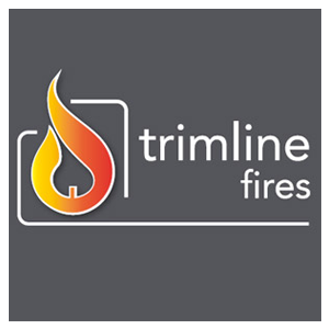 Un logotipo para chimeneas de línea de corte con una llama sobre él.