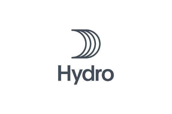 Logo of the company Hydro. A stylized, curved shape of three lines above the word 