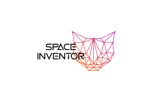 Logo for Space Inventor: geometric fox head with gradient color, text 