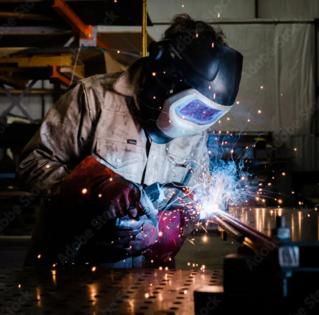 Welder wearing a mask, gloves, and protective clothing, welding metal in a workshop, sparks flying.