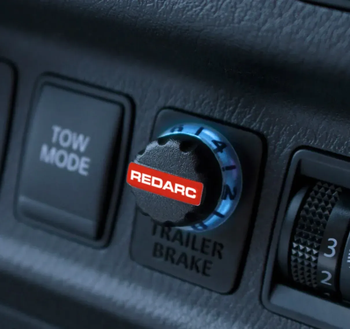 Truck Dashboard With Tow Mode Button And Redarc Trailer Brake Controller Knob — Hinterland Towbars in Yandina, QLD