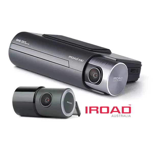 Two Black Iroad Dash Cams, One Large And One Compact, On A White Background With Red Iroad Australia Logo — Hinterland Towbars in Cooroy, QLD