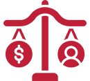 Red scales balancing a dollar sign coin and a person icon.