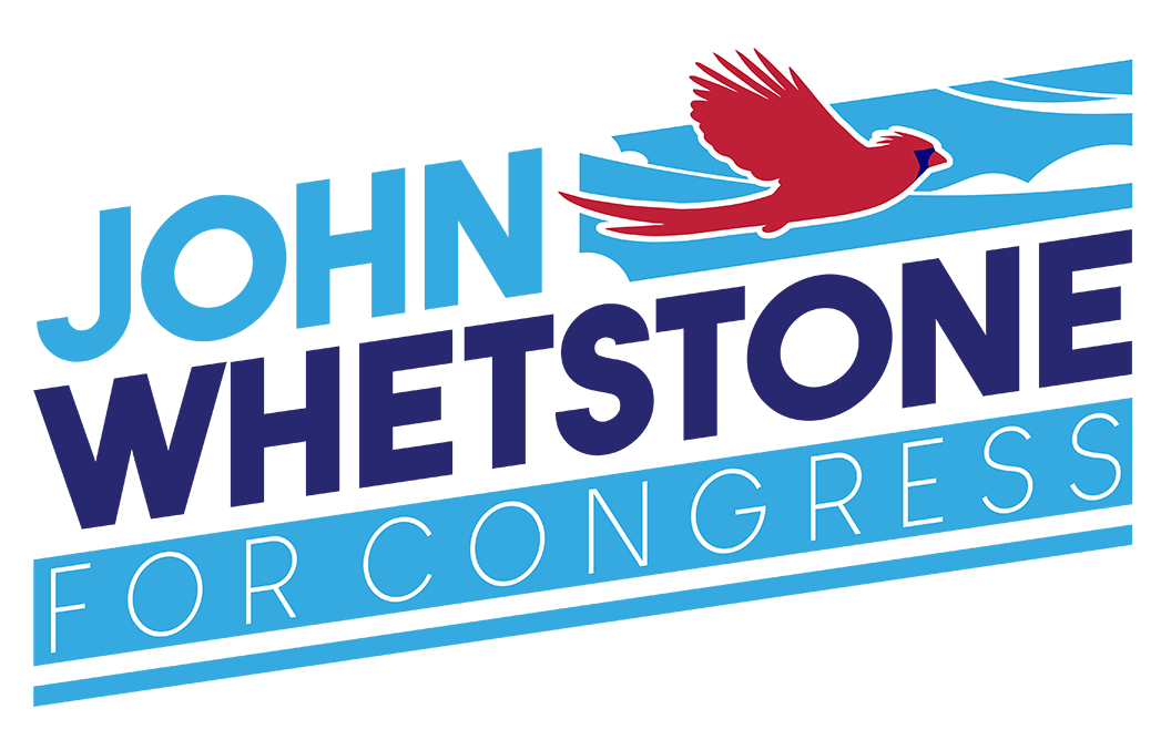 John Whetstone for Congress campaign logo with a red bird flying over a blue and white background.
