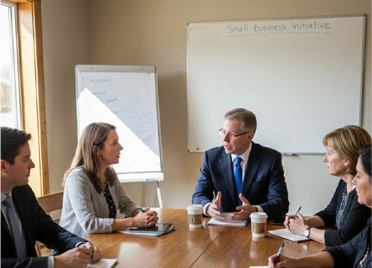 Business meeting in a conference room. People at a table discussing strategy. Whiteboard with 