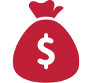 Red money bag with white dollar sign.