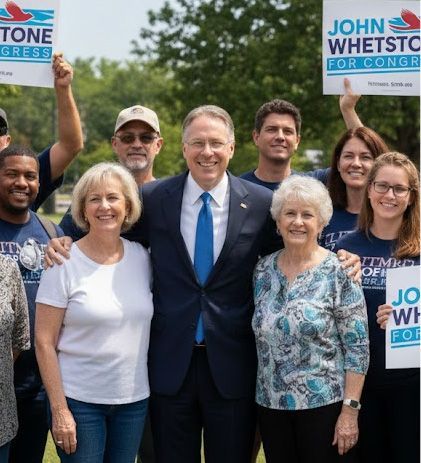John Whetstone, a man in a suit, smiles with supporters, some holding campaign signs, outside.
