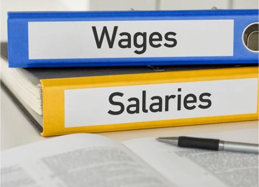 Blue and yellow binders labeled 