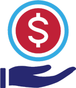 Hand holding a red and blue coin with a white dollar sign.