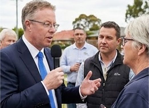Man in suit speaking into a microphone, gesturing, talking to woman in glasses outdoors, others nearby.