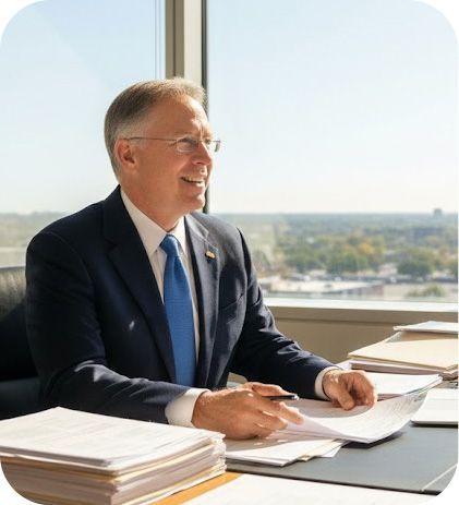 Man in suit smiles, seated at a desk near a window, holding a pen. Papers are stacked nearby.