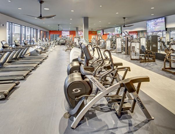 A large gym filled with lots of treadmills and exercise bikes.