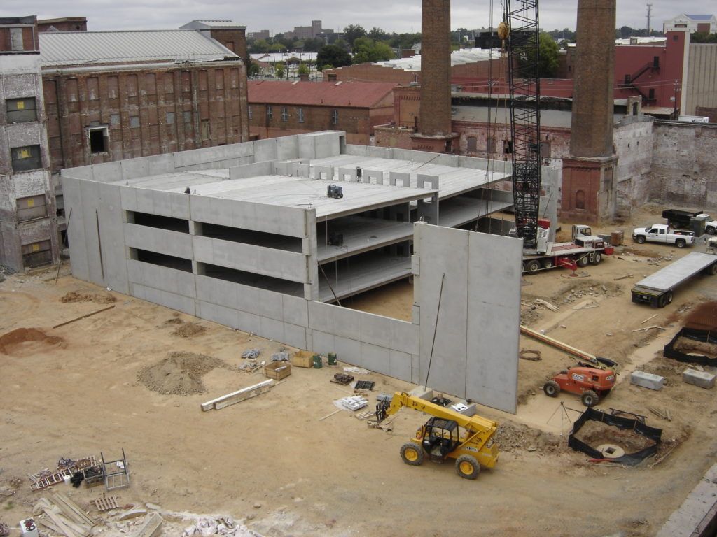 An aerial view of a parking garage under construction