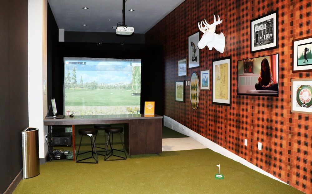 A room with a projector and a moose head on the wall