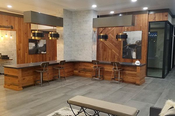 There is a bench in the middle of the room.