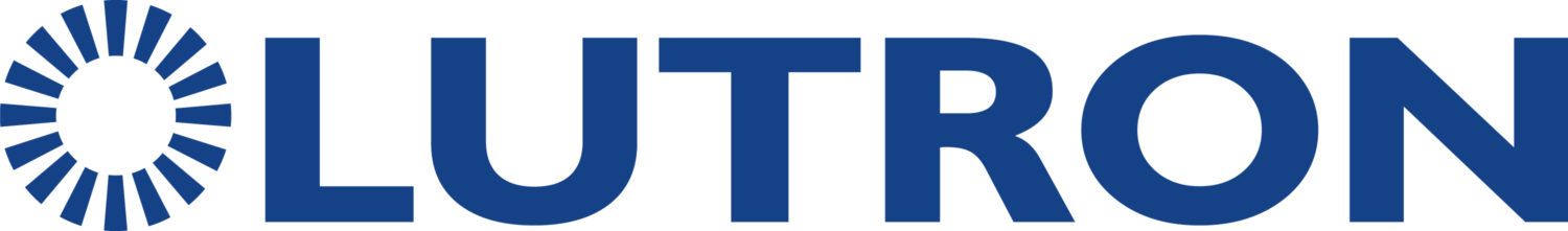 A blue logo for lutron with a sun in the middle
