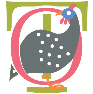 An illustration of a chicken in a circle with the letter t in the background