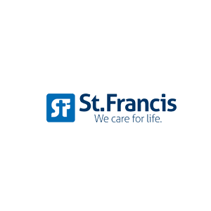 The st. francis logo is blue and white and says `` we care for life ''.