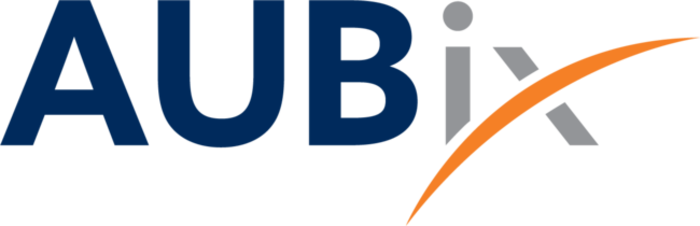 A blue and orange logo for aubix on a white background
