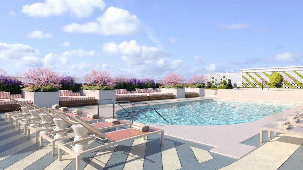 An artist 's impression of a large swimming pool surrounded by lounge chairs.