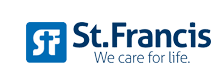 The logo for st. francis is blue and white and says we care for life.