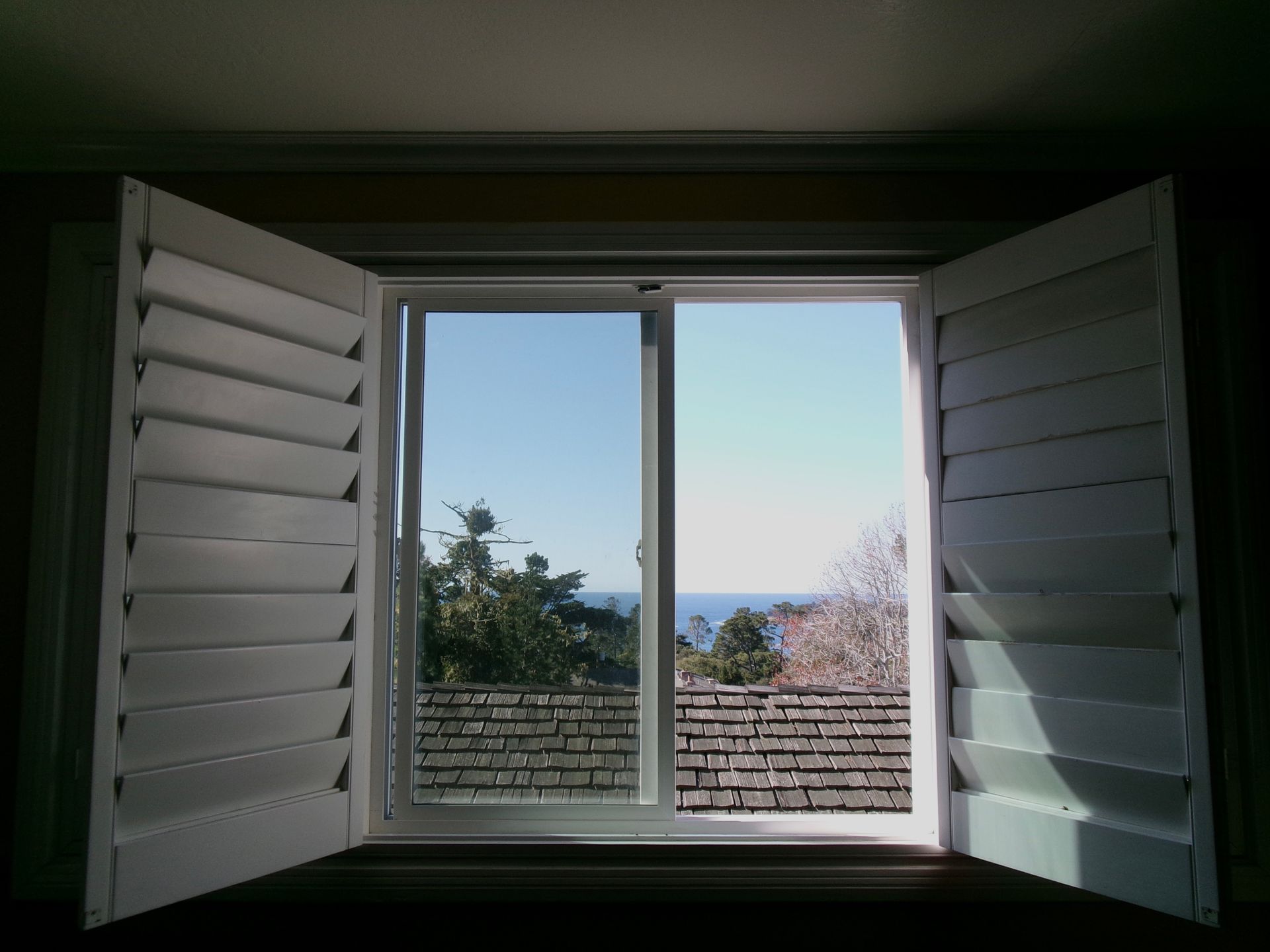 Open window with plantation shutters framing a view of trees and a bright blue sky over the ocean.