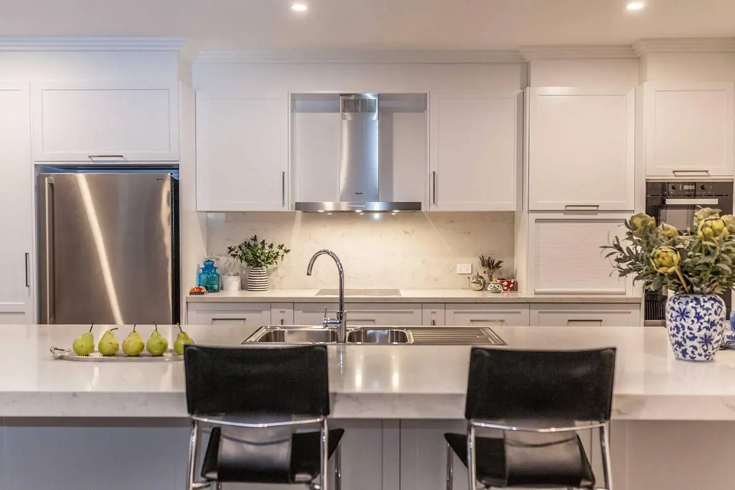 Modern White Kitchen with Stainless Steel Appliances, Island Seating — Simmonds Kitchens in Quirindi, NSW