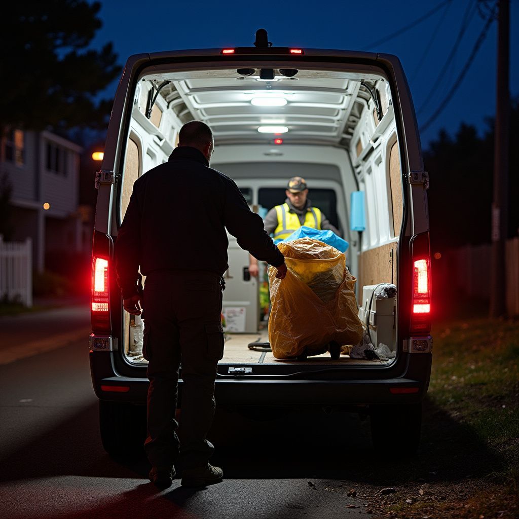 Ambulance parked in front of a house, lights flashing. Evening setting.