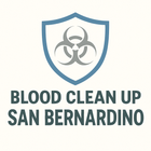 Logo for blood cleanup services in San Bernardino: shield with biohazard symbol.
