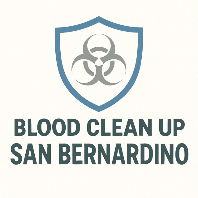 Logo for blood cleanup services in San Bernardino: shield with biohazard symbol.